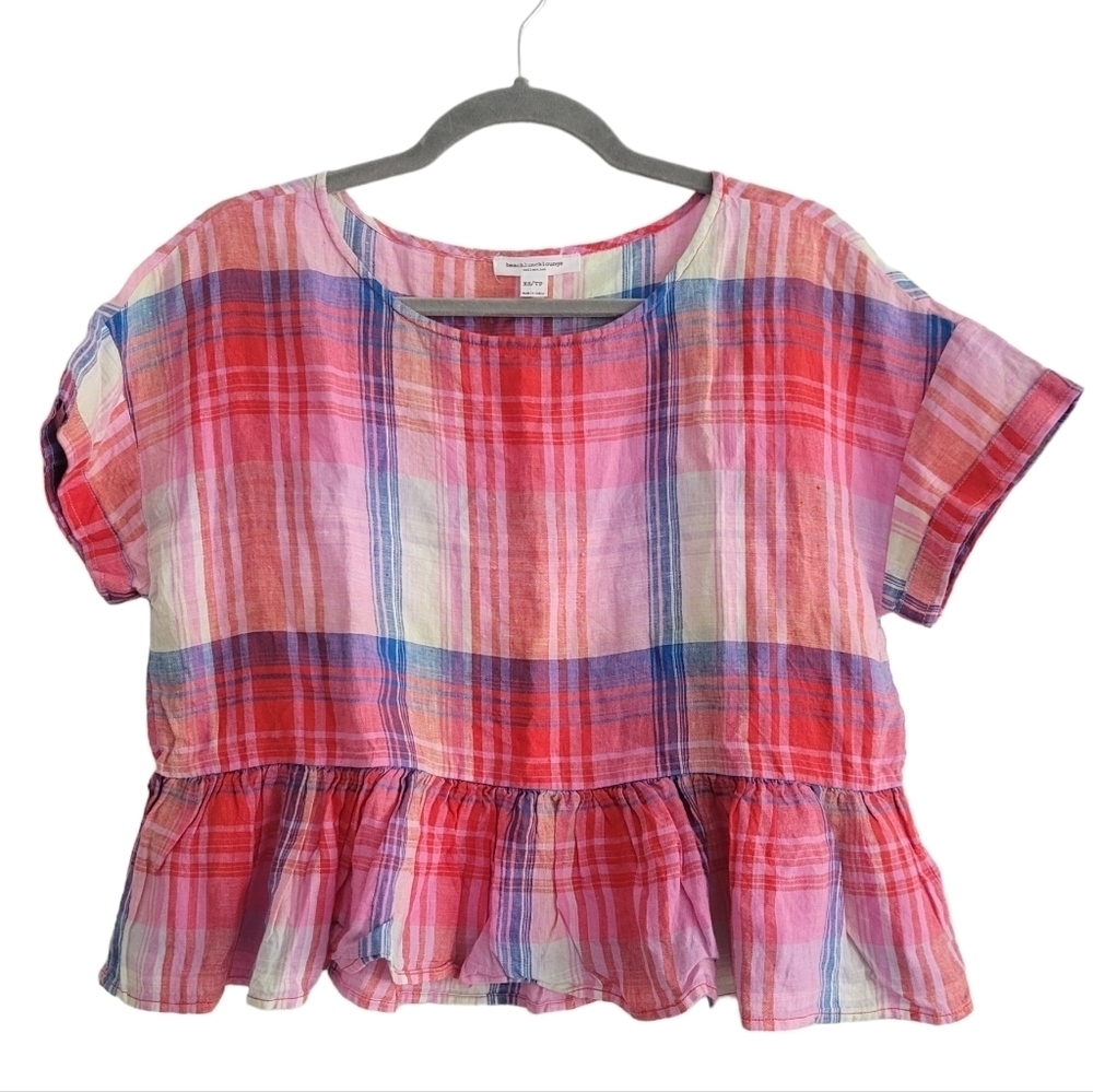 Beach Lunch Lounge XS 100% Linen Pink Plaid Peplum Shirt Oversized Boxy Relaxed